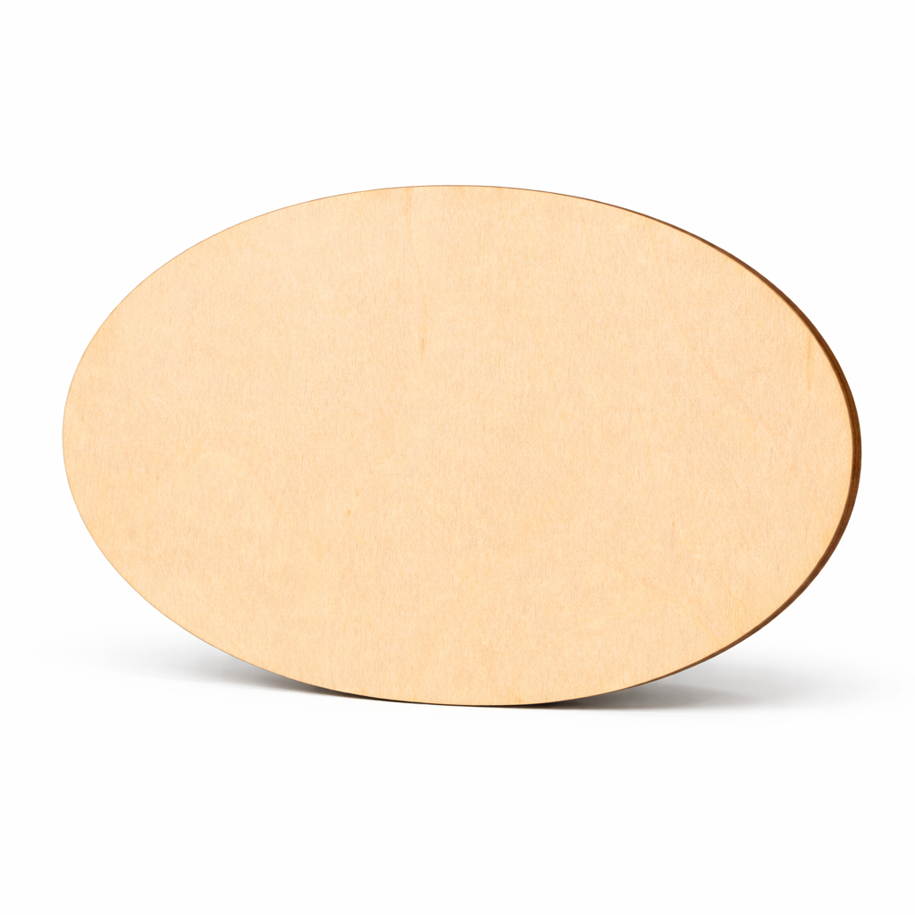 Oval birch plywood craft shape blank with sanded surface, shown at an angle on white background