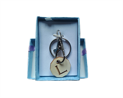 Shopping Trolley Token with Initial Letter with Gift Box Release Wooden Coin Fob Silver Clasp - Eco-Friendly