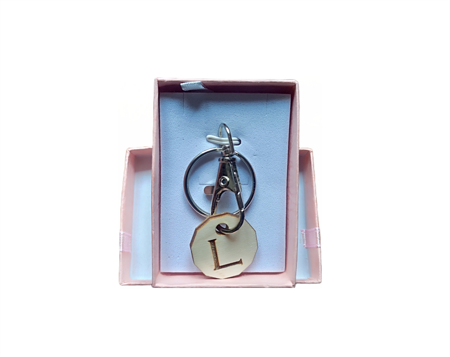 Shopping Trolley Token with Initial Letter with Gift Box Release Wooden Coin Fob Silver Clasp - Eco-Friendly