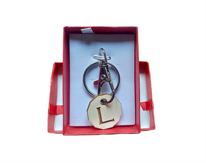 Shopping Trolley Token with Initial Letter with Gift Box Release Wooden Coin Fob Silver Clasp - Eco-Friendly